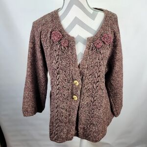 DKNY Jean Cardigan Cotton Blend Flower Embellishment Marled Pink Brown Size XL